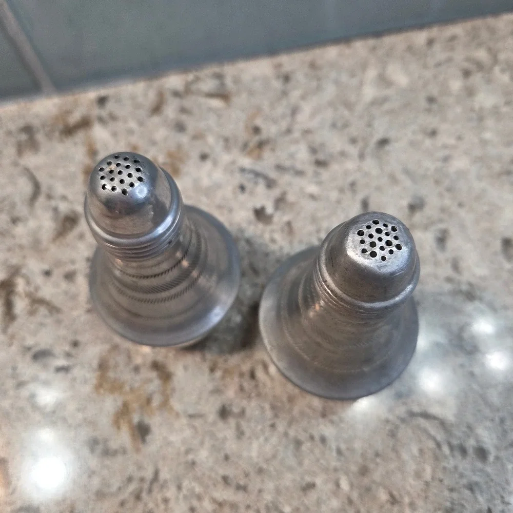 Vintage MCM Aluminum Glass Salt and Pepper Shakers Set Bell Shape 1950'S